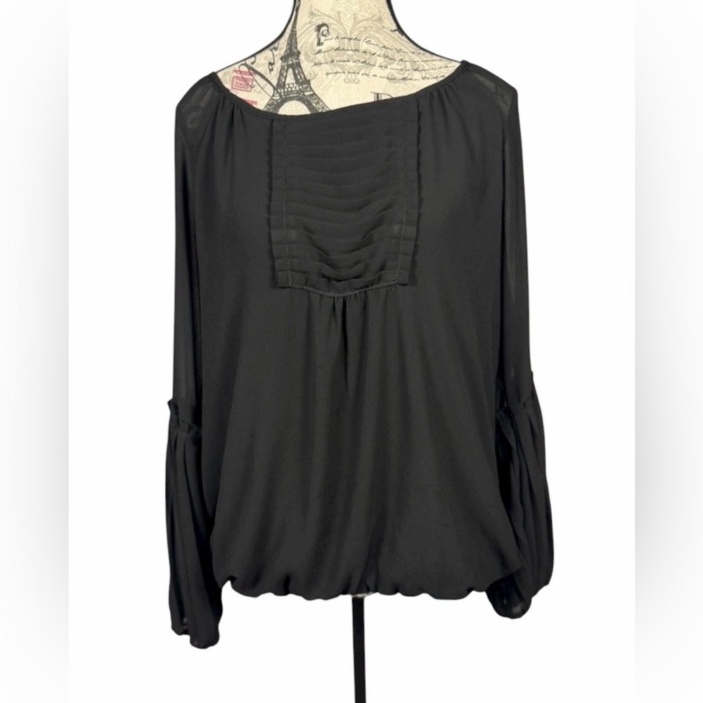 Sharon Young Black Front Pleated Balloon  Sleeves Blouse Size M Boho Chic